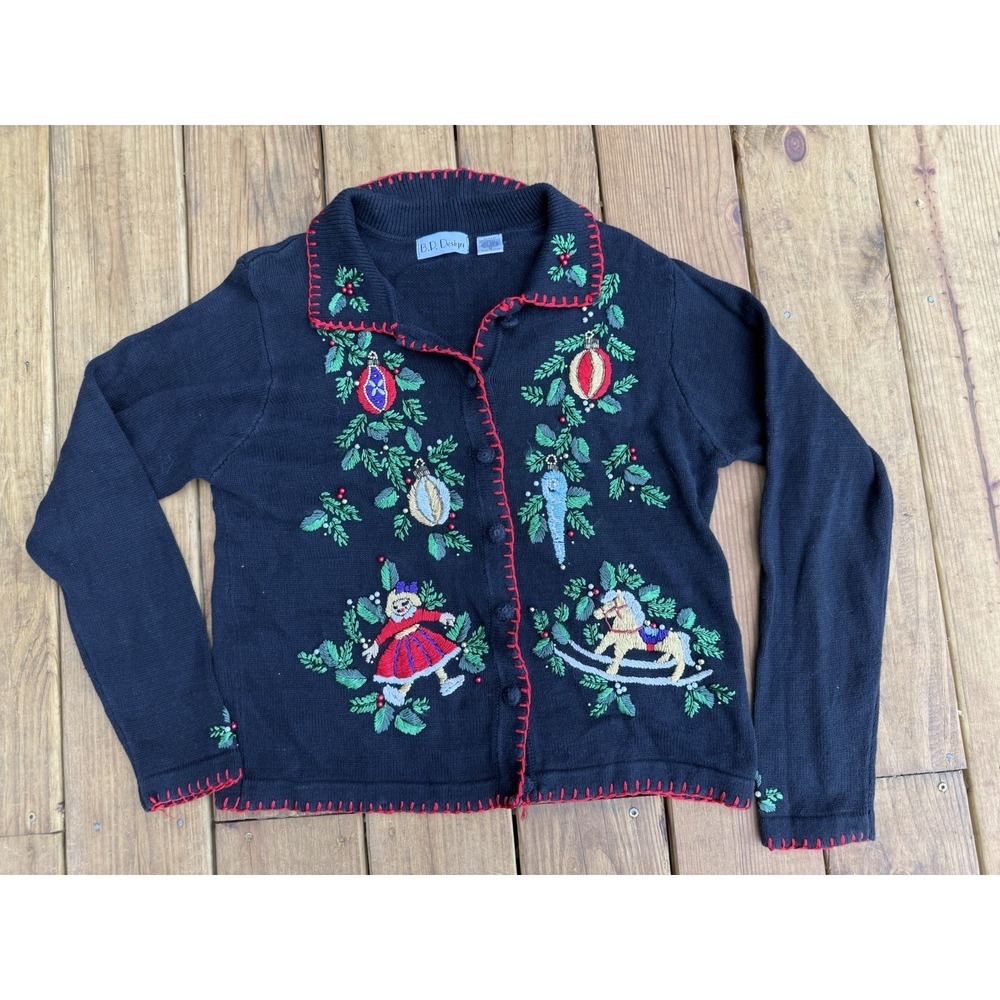 VTG 90's Embroidered Christmas Sweater Cardigan Sz Med BP Designs Holly / Santa